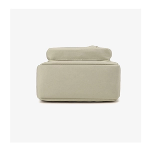 Detailed bottom view of beige canvas messenger bag showing neat stitching and thick fabric