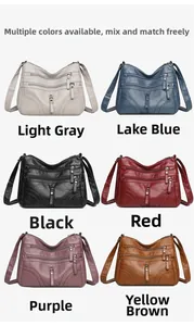 Detailed grid view of six colored soft faux leather crossbody bags with multi-zipper pockets