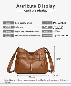 Brown soft leather crossbody bag featuring multiple pockets and durable polyester lining