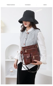 Detail of dark brown PU leather crossbody bag with multiple pockets and patterned strap