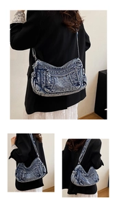Détail du sac bandoulière en denim vintage avec poches multiples et bandoulière réglable