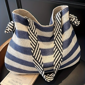 Women Striped Straw Woven Tote Bag Large Capacity Summer Beach Shoulder Handbag With Magnetic Buckle Casual Travel