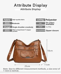 Detail view of brown washed soft leather shoulder bag with multiple zipper compartments