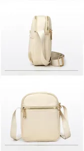Detailed front and back view of beige nylon mini phone bag with golden zippers
