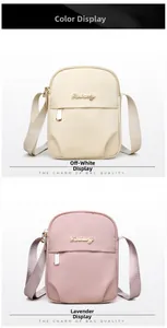 Compact nylon crossbody phone bags shown in off-white and taro purple colors