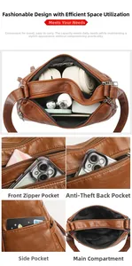 Detail view of brown soft leather crossbody bag showing multi-pocket storage layout