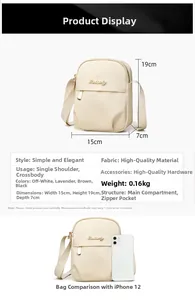 Detailed size specifications for beige nylon crossbody phone bag with strap and logo