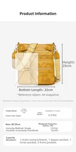 Detail view of yellow PU leather bag showing multi-pocket storage and 28x25cm dimensions