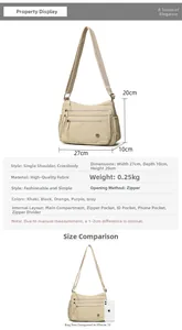 Size guide for khaki nylon tote bag showing dimensions and phone size comparison