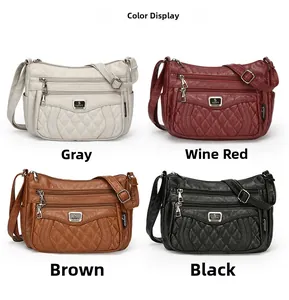 Close-up of four colors of rhombus quilted crossbody bags with multiple zip pockets