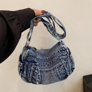 Sac Bandoulière Vintage En Denim Lavé Femme Grande Capacité Multi Poches Sac À Épaule Style Street Y2K Décontracté Messenger