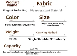 Detailed size and capacity specifications chart for the elegant quilted crossbody bag