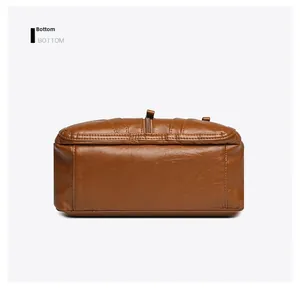 Flat bottom view of caramel soft leather crossbody bag with reinforced stitching details