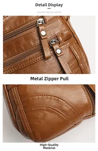 Close-up of brown litchi pattern leather texture and silver metal zipper on crossbody bag
