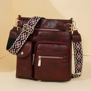 Retro brown PU leather crossbody bag with ethnic bohemian wide strap and gold zippers