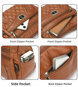 Brown quilted crossbody bag showing multiple pockets for phone, notebook and power bank
