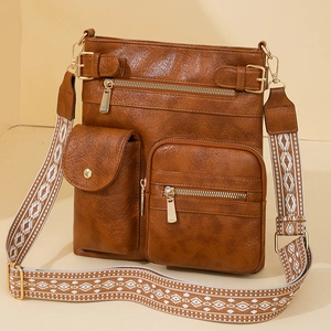Vintage dark brown PU leather crossbody bag with patterned wide strap and gold hardware
