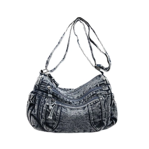Sac fourre-tout en denim délavé rétro avec poches zippées et bandoulière réglable
