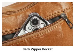 Detailed macro view of the rear zipper pocket on a brown leather crossbody bag with a smartphone