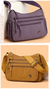 Detail view of multi-zipper compartments and nylon texture on casual shoulder bags