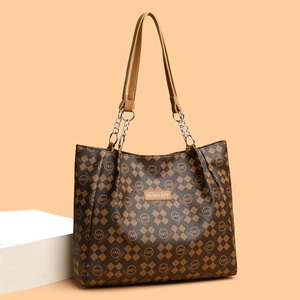 Sac fourre-tout marron rétro avec motif monogramme et anses en chaîne métal