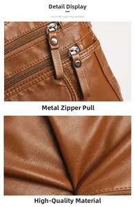 Detail of premium brown lychee texture leather and durable metal zipper hardware