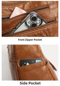 Detailed view of the brown leather bag's front zipper pocket and side slot for phone storage