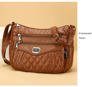 Detail of brown quilted faux leather shoulder bag with multiple functional zippers