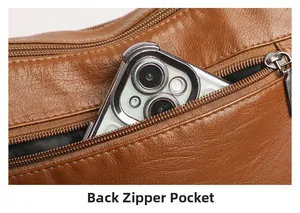Macro shot of a brown pebbled leather bag featuring a functional rear zipper pocket for phones
