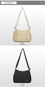 Detailed view of khaki and black nylon crossbody bags with triple zipper pockets