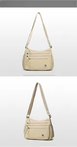 Detail view of multi-pocket waterproof nylon crossbody bag with zipper compartments