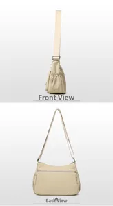 Detail view of beige nylon tote bag showing side pockets and rear zipper compartment