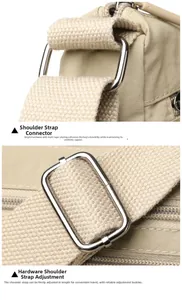 Detail of adjustable nylon shoulder strap with silver metal ring and slider hardware