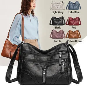 Women's multi-zipper soft PU leather crossbody bag in six classic colors and styles