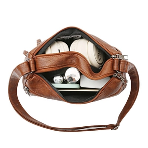 Brown vintage washed leather crossbody bag with multiple compartments and large capacity