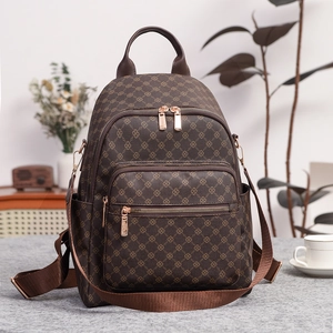 Zaino da Donna in Pelle PU con Stampa Monogram di Moda Grande Capacità Impermeabile Retrò Borsa da Viaggio con Tasca Antifurto