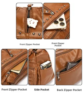 Detail view of the dark brown PU leather crossbody bag with multiple functional zipper pockets