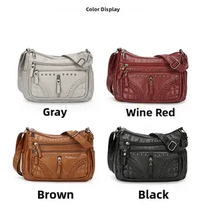 Color display of multi-pocket soft leather crossbody bags in grey, wine red, brown and black