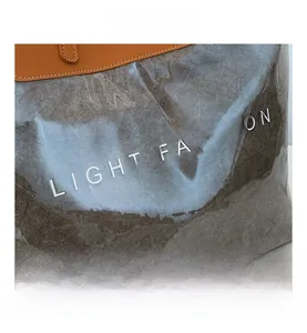 Détail du sac cabas en Tyvek gris froissé avec texte Light Fashion et anses en cuir brun