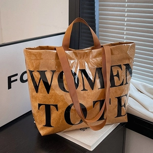 Women Tote Bag Large Capacity PVC Waterproof Paper Texture Letter Print Shoulder Casual Commuting Street Trend Minimalist