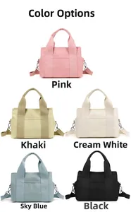 Multi-color canvas tote bags showing pink, khaki, cream, blue, and black color options