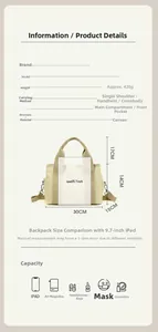 Detailed size specifications of the beige canvas utility bag with dimensions and iPad comparison