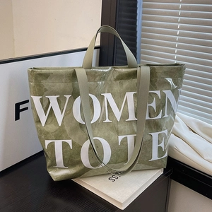 Olive green marble textured large tote bag with WOMEN TOTE print for daily commute