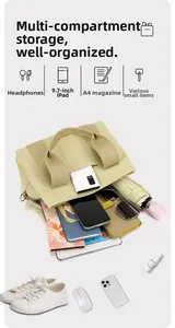 Detail showing beige canvas bag capacity fitting a 9.7-inch iPad and A4 magazines