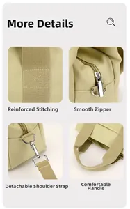 Detailed views of thick canvas bag showing reinforced stitching and silver metal zippers