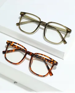 Detail view of retro square PC frames in transparent olive green and tortoiseshell patterns