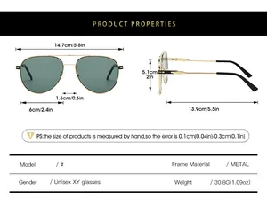 Detailed size chart for retro pilot sunglasses with metal frame and dimensions info