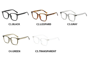 Variety of ultra-light PC eyeglasses in five retro frame colors with transparent options