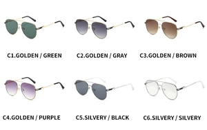 Detailed overview of aviator sunglasses in various frame and lens color combinations