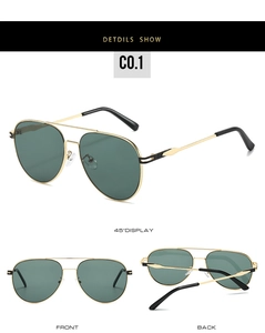 Three-angle view of vintage pilot sunglasses with gold metal frames and green lenses